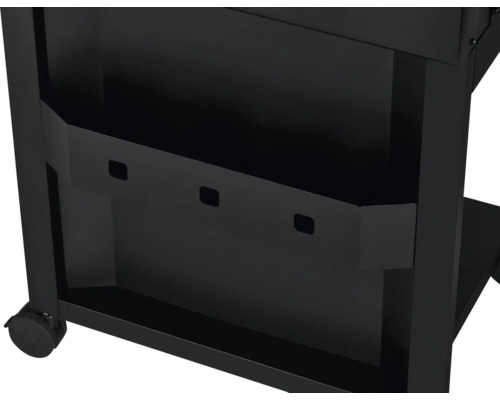 Detailansicht eines Grills mit Stauraum und Rollen