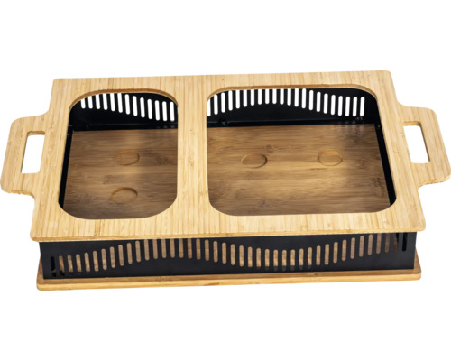 Bambus Rechaud mit zwei Einsätzen für Warmhalteplatten.