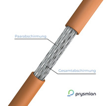 Detailansicht eines elektrischen Kabels mit Paar- und Gesamtabschirmung