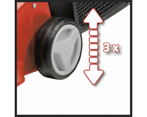 Detailaufnahme eines Geräterades mit Pfeilen, die die dreifache Höhenverstellbarkeit darstellen