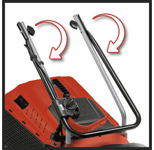 Detailansicht eines Rasenmähers, der die einklappbare Funktion des Griffs mit Pfeilen zeigt.