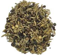 Nahaufnahme einer Mischung aus Vogelfutter mit Getreide und Samen