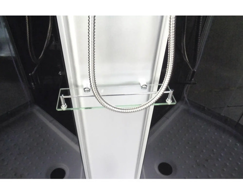 Detailansicht einer Duschkabine mit Ablage und Brauseschlauch