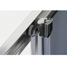 Detail einer Duschkabine mit Schiebetür und Rollenmechanismus.