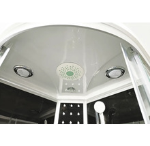 Innenansicht einer Duschkabine mit Deckenbrause und Lautsprechern