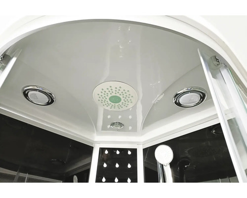 Innenansicht einer Duschkabine mit Deckenbrause und Lautsprechern