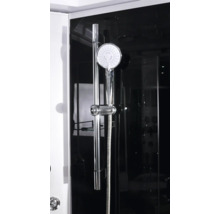 Duschkopf mit Halterung und Brauseschlauch in einer Duschkabine.