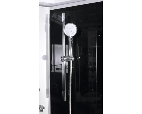 Duschkopf mit Halterung und Brauseschlauch in einer Duschkabine.