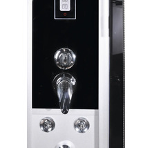 Detail einer Duschpaneel mit Armatur und Bedienelementen.