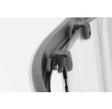 Detailaufnahme einer Duschkabine mit Rahmen und Glas