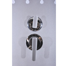 Detailaufnahme von zwei Wasserhähnen für eine Dusche.