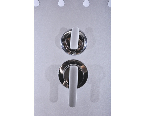 Detailaufnahme von zwei Wasserhähnen für eine Dusche.