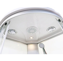 Innenansicht einer Duschkabine mit Deckenbrause, Handbrause und Beleuchtung