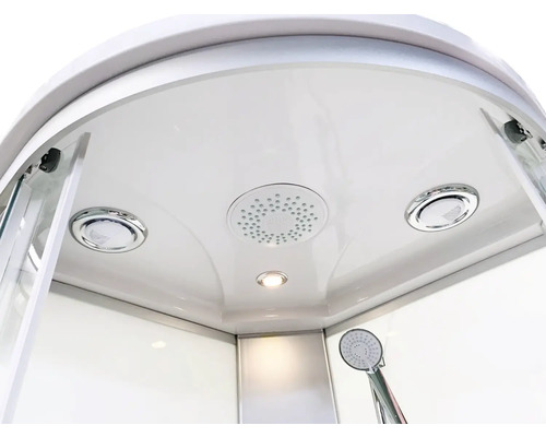 Innenansicht einer Duschkabine mit Deckenbrause, Handbrause und Beleuchtung