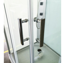 Dusche mit Glaswand und Metallgriffen