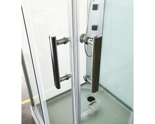 Dusche mit Glaswand und Metallgriffen