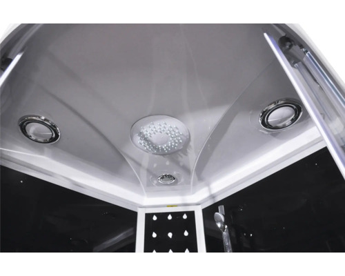 Innenansicht einer Duschkabine mit Deckenbeleuchtung und Duschkopf