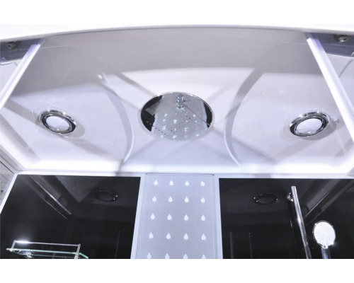 Innenansicht einer Duschkabine mit Kopfbrause und Deckenbeleuchtung