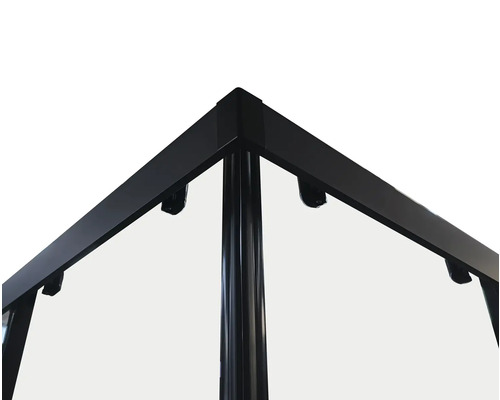 Eckansicht einer Duschkabine mit schwarzem Rahmen