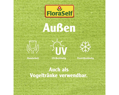 FloraSelf Logo. Geeignet für den Aussenbereich. Handarbeit. UV-beständig. Frostbeständig. Auch als Vogeltränke verwendbar.