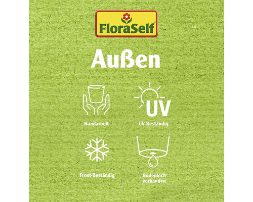 FloraSelf Logo. Geeignet für den Außenbereich. Handarbeit. UV-beständig. Frostbeständig. Bodenloch vorhanden.