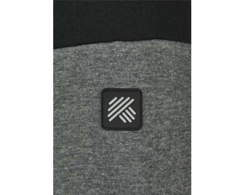 Detailansicht eines grauen Sweatshirts mit einem schwarzen, rechteckigen Logo