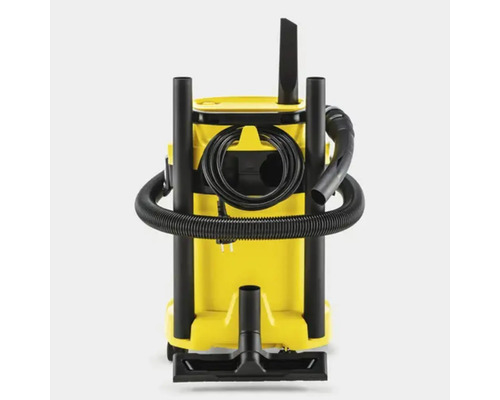 Gelber Mehrzwecksauger mit schwarzem Schlauch und Zubehör