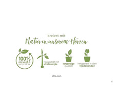 Nachhaltigkeitssiegel: 100 Prozent recycelt und recycelbar, hergestellt mit Windenergie, langlebige Qualität, hergestellt in den Niederlanden