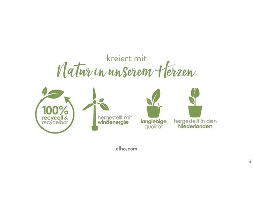 Symbole für hundertprozentiges Recycling, Windenergie, langlebige Qualität und Herstellung in den Niederlanden