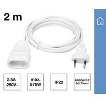 Zwei Meter langes, weißes Verlängerungskabel mit Stecker und Kupplung