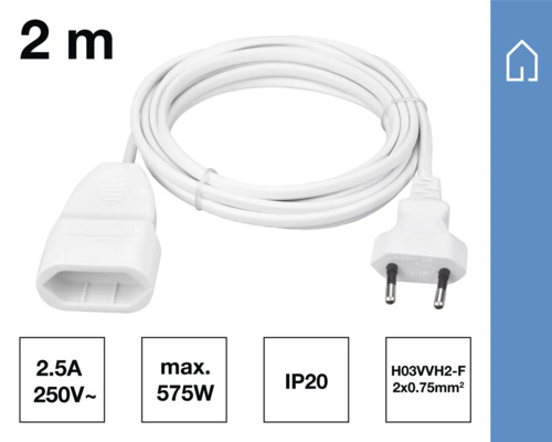 Zwei Meter langes, weißes Verlängerungskabel mit Stecker und Kupplung