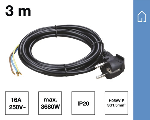 Drei Meter lange Anschlussleitung mit Schutzkontaktstecker