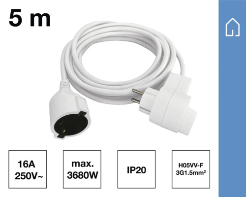 Fünf Meter lange Verlängerungsleitung mit Schutzkontaktstecker und Kupplung