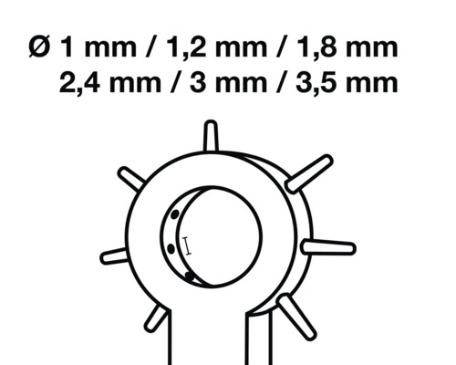 Locheisen mit Lochgrößen von 1 Millimeter, 1,2 Millimeter, 1,8 Millimeter, 2,4 Millimeter, 3 Millimeter und 3,5 Millimeter.