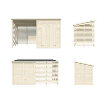 Holzgartenhaus mit Geräteschuppen und seitlichem Holzregal in verschiedenen Ansichten