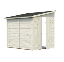 Holzschuppen mit geöffneten Türen