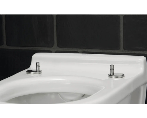 Detailansicht einer weißen Toilette mit Chrombefestigungen