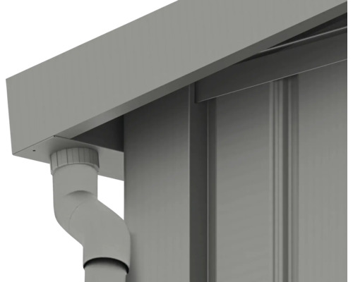 Detailansicht einer Dachrinne an einem Gebäude.