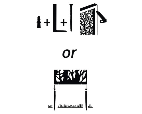 Abbildung von zwei Befestigungsarten für einen Sichtschutz: Winkelmontage oder Erdspießmontage.