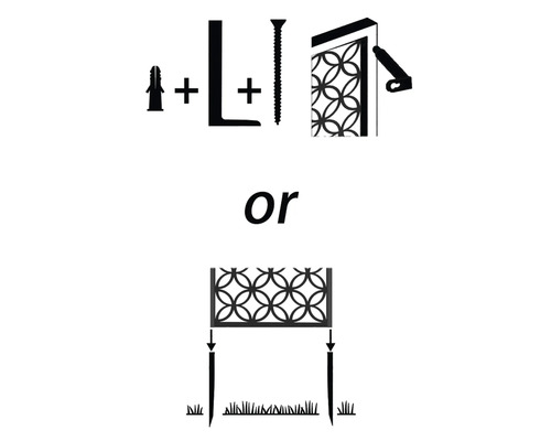 Illustration von zwei Installationsmöglichkeiten für ein Dekoelement: Wandmontage oder Erdspießmontage