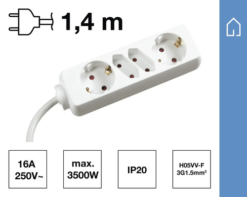 Steckdosenleiste mit drei Steckdosen und 1,4 Meter Kabel