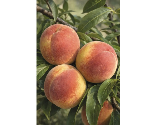 Nahaufnahme von Pfirsichen am Baum mit Blättern