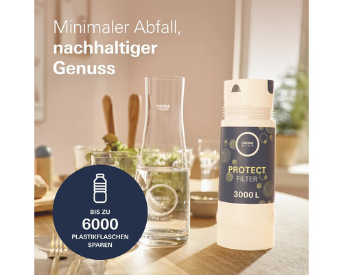 Grohe Blue Wasserkaraffe und Protect Filter auf einem Tisch