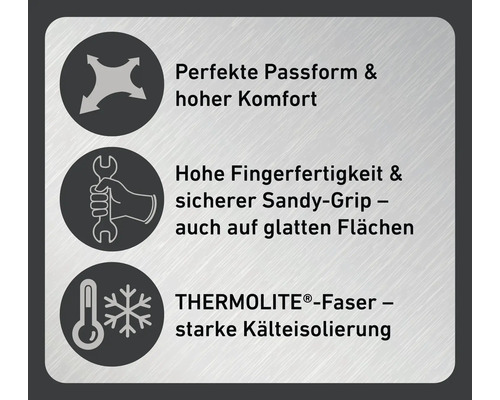 Symbole für perfekte Passform, hoher Komfort, hohe Fingerfertigkeit, sicherer Sandy-Grip und THERMOLITE-Faser für starke Kälteisolierung.