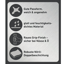 Symbole für gute Passform, weiches, angenehmes, glattes, feuchtigkeitsdichtes Material, raues Grip-Finish für sicheren Halt bei Nässe und Öl sowie robuste Nitril-Doppelbeschichtung.