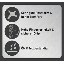 Symbole für sehr gute Passform, hoher Komfort, hohe Fingerfertigkeit, sicherer Griff sowie Öl- und Fettbeständigkeit.
