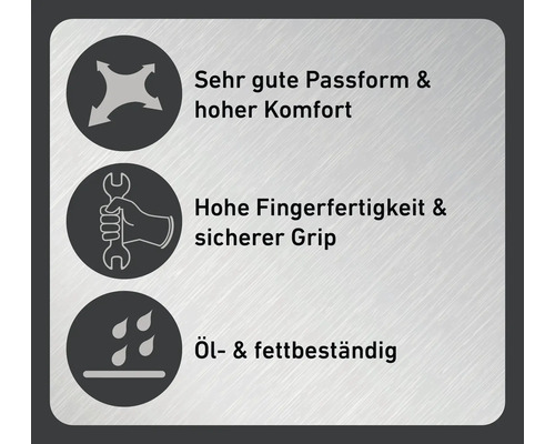 Symbole für sehr gute Passform, hoher Komfort, hohe Fingerfertigkeit, sicherer Griff sowie Öl- und Fettbeständigkeit.
