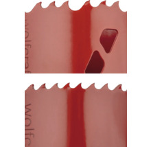 Detailansicht einer Lochsäge mit Zähnen und Aussparungen.