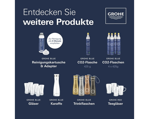 Grohe Blue Zubehörsortiment mit Reinigungskartusche, CO2-Flaschen, Gläsern, Karaffe und Trinkflaschen