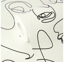 Vliestapete mit abstraktem Gesichter-Muster im Line-Art-Stil, strukturierte Oberfläche, Tapetenrolle.
